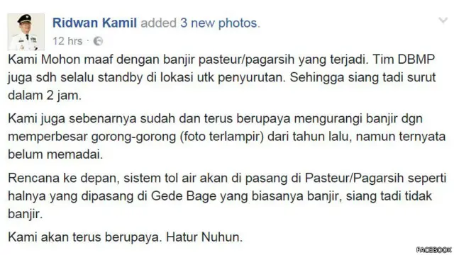 Sistem tol air yang digunakan di wilayah lain, klaim Ridwan, bisa mengatasi banjir. 