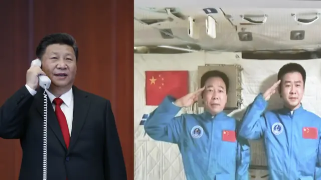 习近平（左）与神舟十一号航天员景海鹏、陈冬通话（新华社图片9/11/2016）