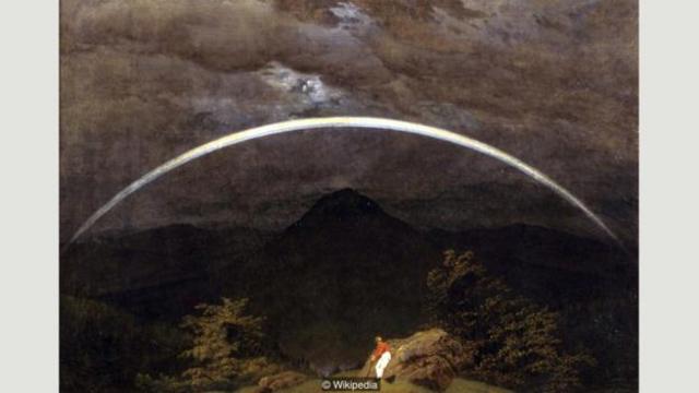 卡斯帕·大卫·弗里德里希（Caspar David Friedrich）的《山中彩虹》（Mountain Landscape with Rainbow），陈列在德国埃森（Essen）福克旺博物馆。(图片来源: Wikipedia)