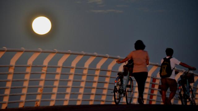 台中海濱公園行人在「超級月亮」下推著自行車過橋（台灣中央社圖片14/11/2016）