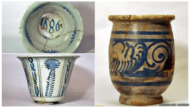 Крім фекалій, археологи також виявили порцеляновий посуд із голландського міста Делфт, а саме банку, миску і скляну колбу.