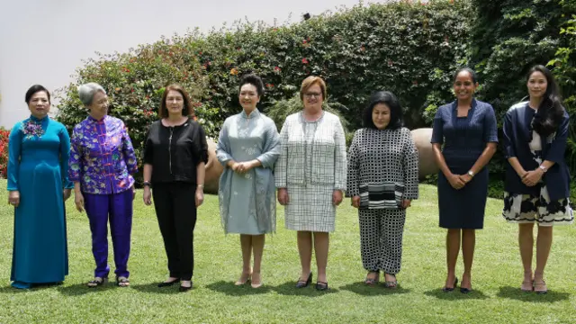 宋镇迈（右一）与习近平夫人彭丽媛（左四）、新加坡总理李显龙夫人何晶（左二）及其他APEC领袖代表夫人及眷属合影。