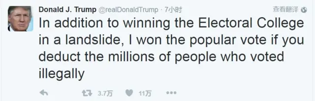 特朗普在社交媒体上称希拉里获胜的州存在“非法投票”。