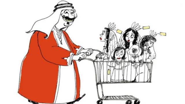 阿德勒画出一名阿拉伯男人推着装满女性的购物车