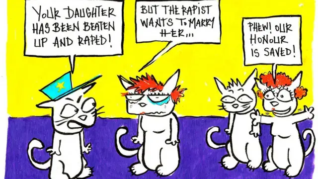 纳迪娅‧赫亚里画出“荣誉”在强暴受害者双亲眼中的重要性