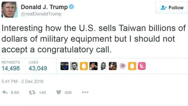 特朗普在與蔡英文通話後發出第二條相關的推特,為自己的行為辯護。