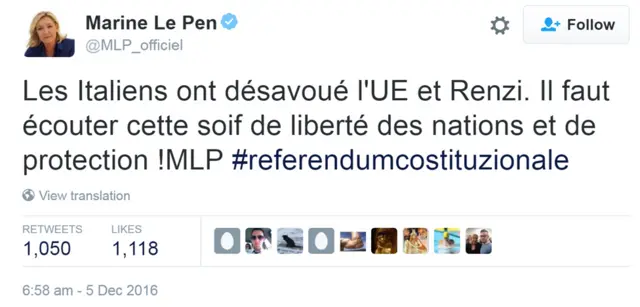 法国国民阵线领导人勒庞在社交媒体“推特”上对“北方联盟”领导人表示祝贺。
