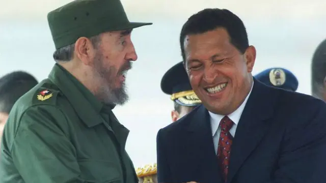 2000年，查韦斯（右）在委内瑞拉机场迎接菲德尔·卡斯特罗