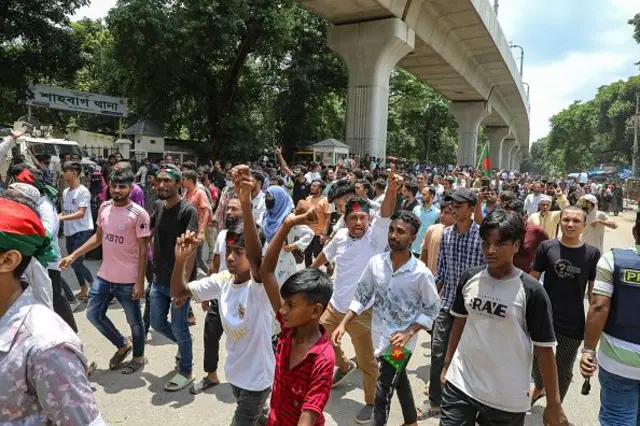 Protesters are blocking the Shahbagh intersection during a protest in Dhaka, Bangladesh, on August 4, 2024, to demand justice for the victims arrested and killed in the recent nationwide violence during anti-quota protests.
