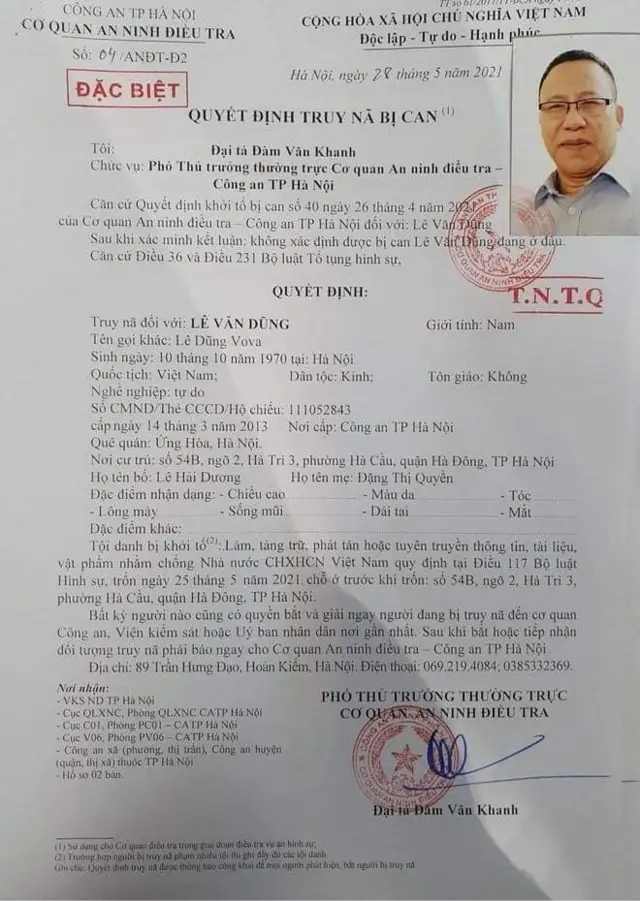 Lệnh truy nã ông Lê Văn Dũng