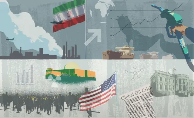 مونتاژ تصاویرمتشکل از تصاویر پرچمهای جمهوری اسلامی و آمریکا، نموادر آماری و لوله پمپ بنزین، بخشی از روزنامه به انگلیسی، پرهیب جمعیت و نمادهای انرژی هستهای