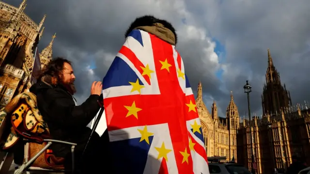 英国国会原定本周表决脱欧议案，支持英国留欧和脱欧的公众分别在英国国会大楼外示威。特蕾莎‧梅其后决定延迟表决。