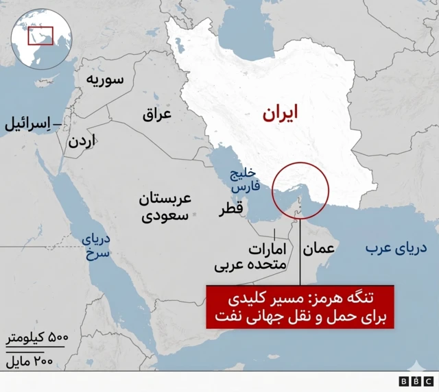 نقشه ایران و همسایگانش، دور تنگه هرمز دایره قرمز کشیده شده است