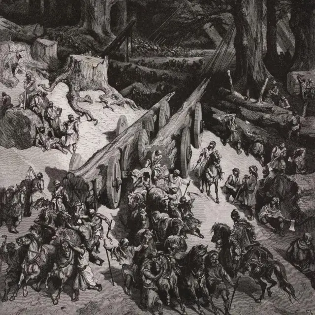 لوحة من أواخر القرن التاسع عشر تجسّد نقل جذع شجرة أرز خيول وفرسان تجرّ عربة عليها جذع ضخم إلى جانب شجرة مقطوعة من أسفلها. في الصورة فارس على حصانه وفلاحون يجلسون على قطعة من جذع الشجرة