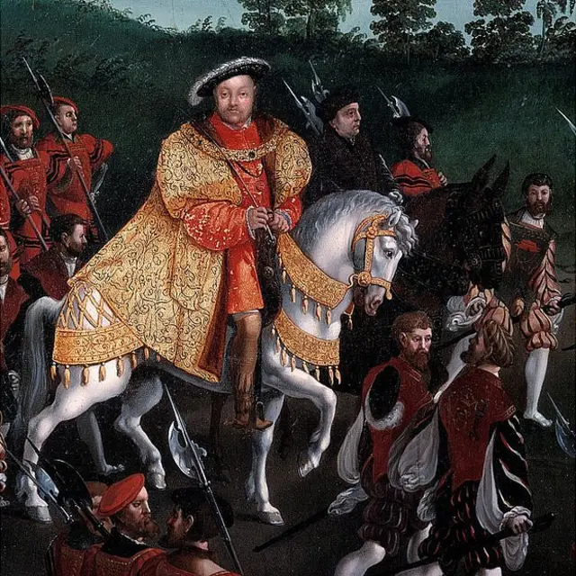 Rey Enrique VIII a caballo con cortesanos y soldados. Pintada por Friedrich Bouterwerk (Bouterwek) (1806-1867), 1845