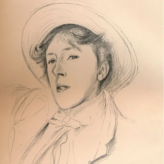 Un croquis au crayon de Vernon Lee, portant un chapeau