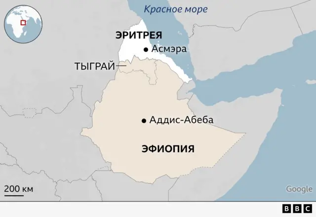 На карте обозначены территория Эфиопии и Эритреи, регион Тыграй, столицы двух стран Аддис-Абеба и Асмэра и Красное море
