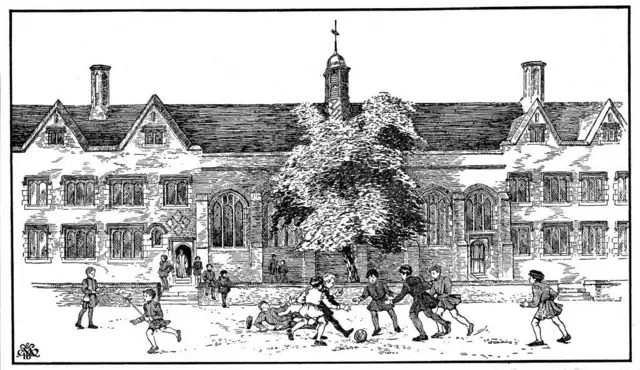 Hình vẽ học sinh đá bóng tại Trường Berkhamsted ở Hertfordshire (Anh) vào thời Tudor (cuối thế kỷ 15 đến đầu thế kỷ 17).