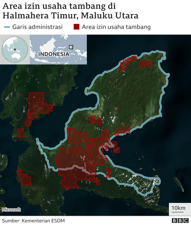 Area izin usaha tambang di Halmahera Timur, Maluku Utara.
