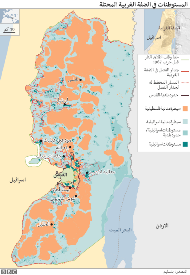 خريطة توضح انتشار المستوطنات في الضفة الغربية المحتلة