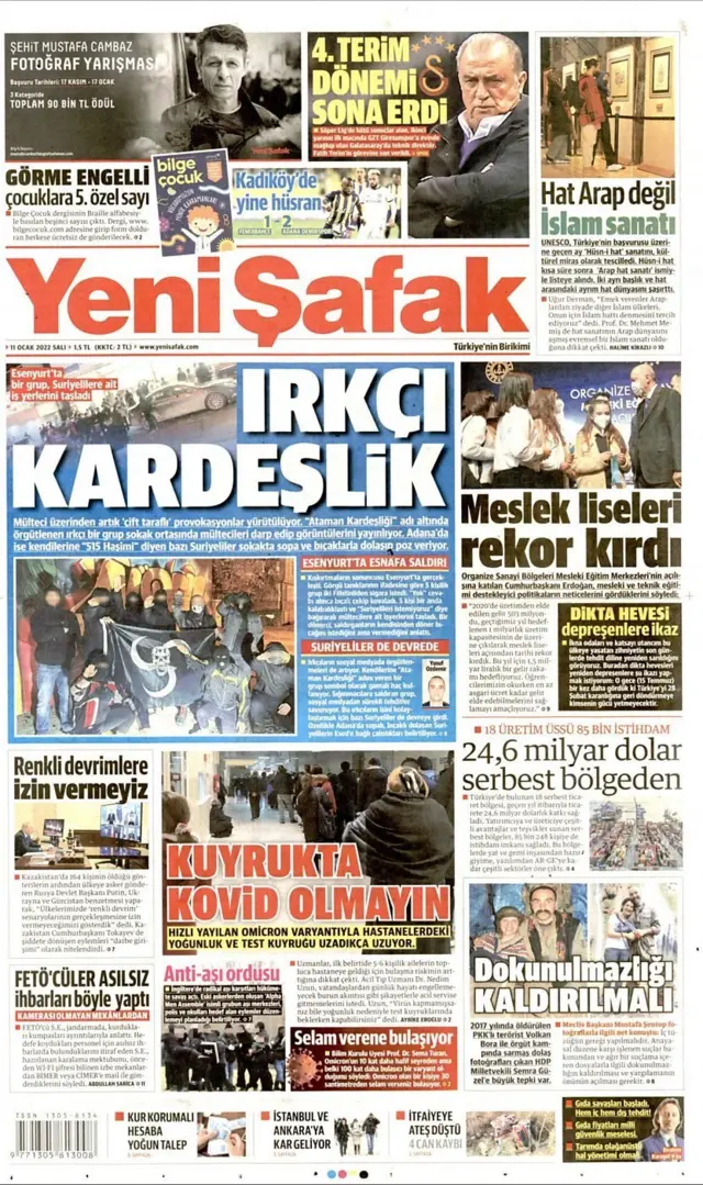 صفحهٔ اول روزنامهٔ ینی‌شفق ۱۱ ژانویه که به اخوت آتامان"حمله کرده