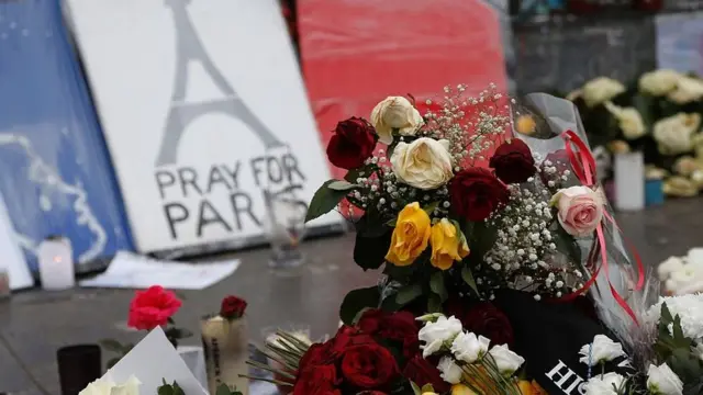 Flowers left in Place de la Republique square in Paris after the attacks