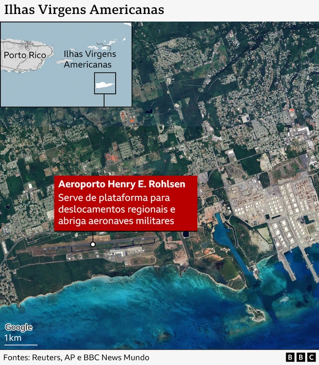 Mapa mostrando a situação geográfica das Ilhas Virgens Americanas