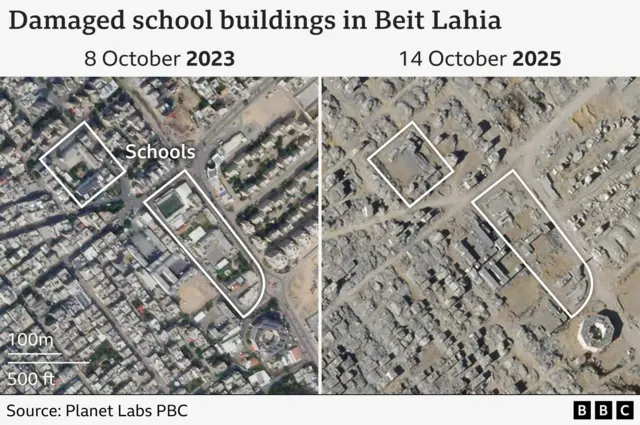 Two satellite images, one from 8 October 2023, and the other from 14 October 2025, show how two schools have been damaged in Beit Lahia.