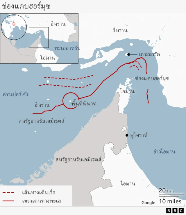 กราฟิกแสดงสภาพภูมิศาสตร์บริเวณช่องแคบฮอร์มุซ