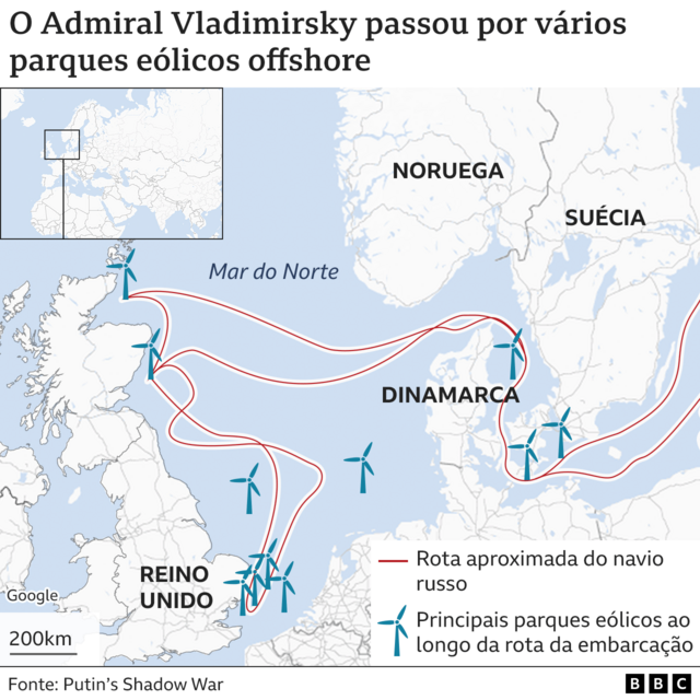 Mapa mostra rota aproximada do navio e principais parques eólicos na rota