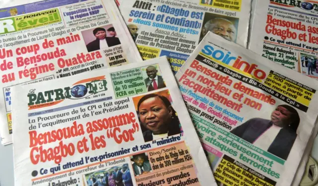 Plusieurs journaux avec des images de l'ancienne procureure de la CPI, la Gambienne Bensouda à la Une.