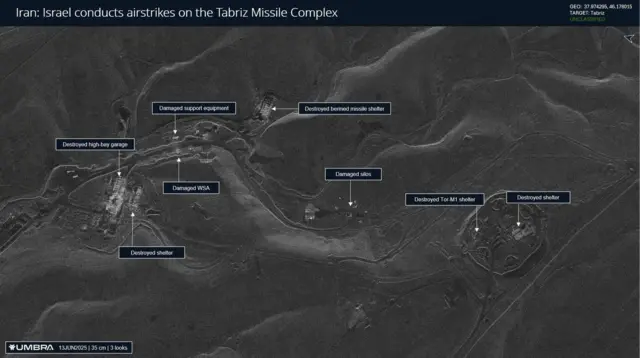Umbra image showing areas Israel has carried out strikes at Tabriz missile complex