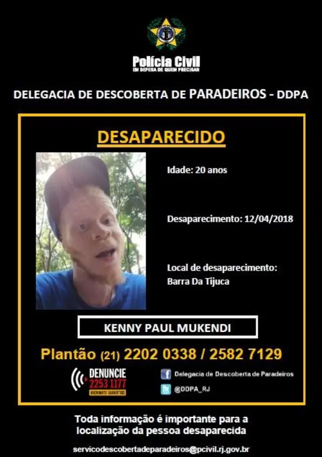 Comunicado da Polícia Civil sobre o desaparecimentonovibet welcome offerKenny Vulcan, com foto e informações pessoais