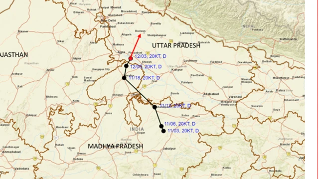 न्यूनचापीय प्रणाली उत्तर प्रदेशबाट अझ उत्तर नेपालतिर सर्दै गरेको देखिने नक्सा