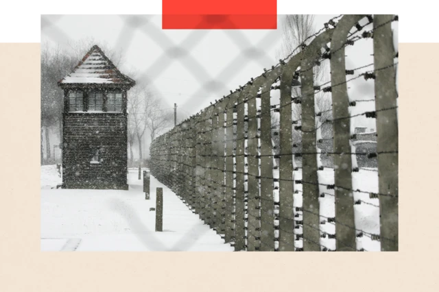 View of the barbed wire at Auschwitz-Birkenau. Snow is falling.
