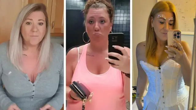 Três fotos de Tanya em diferentes estágios de sua perda de peso. Na primeira foto, à esquerda, ela está usando uma blusa cinza; na foto do meio, ela está na academia; e na terceira foto, ela já emagreceu, está usando um top corset branco e sorrindo para a câmera.