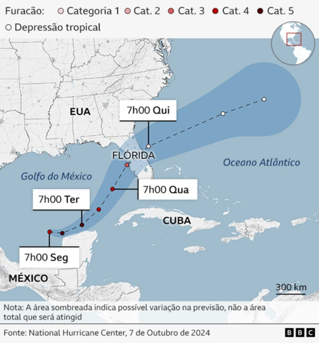 Mapa mostra caminho previsto do furacão em direção aos EUA