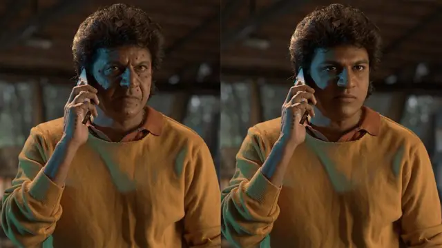 Dois retratos lado a lado do ator indiano Shiva Rajkumar, com sua imagem real à esquerda e a versão rejuvenescida por IA, à direita