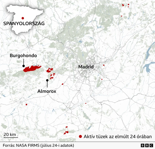 Ábra a Madrid mellett bejelentett tűzesetekről.