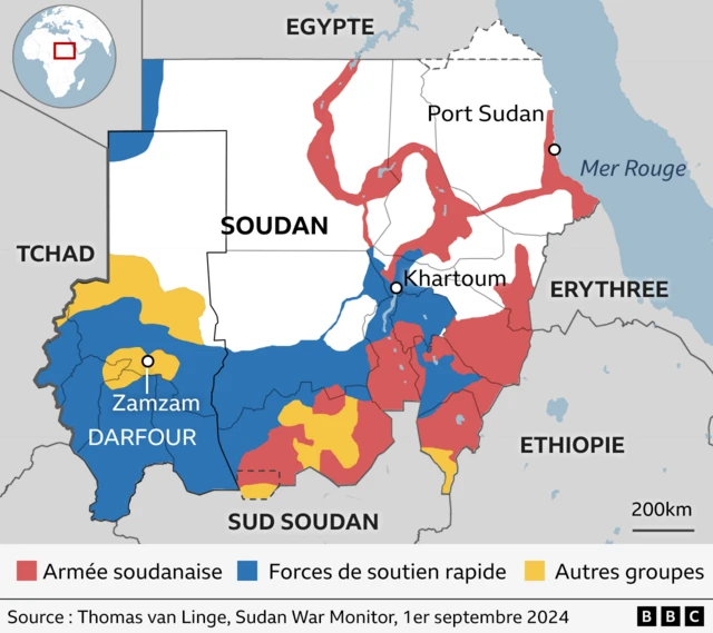 Carte du Soudan montrant les zones contrôlées par l'armée soudanaise et les zones contrôlées par les forces de soutien rapide rivales.