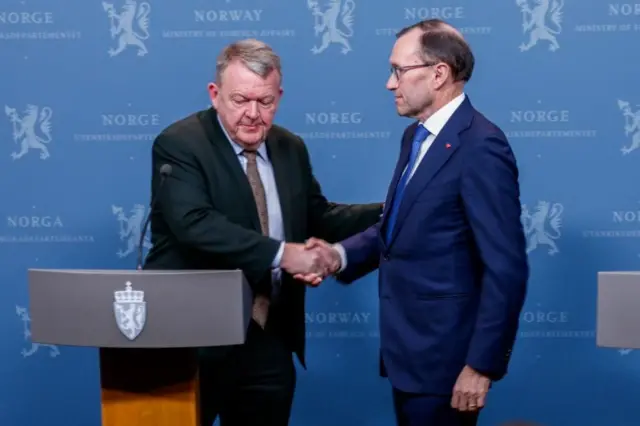 ノルウェーの国章が描かれた青い背景の前で握手する両外相。共に厳しい表情をしている
