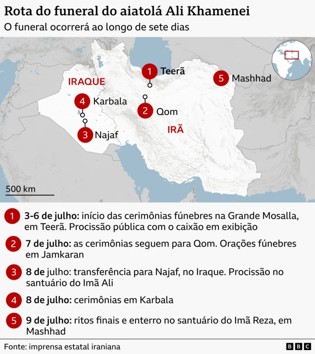 Mapa com os locais de realização do funeral do ex-líder supremo do Irã, Ali Khamenei