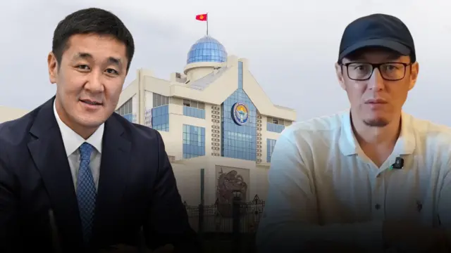 a collage of Orunbekov and Kenjebaev with the Kyrgyz White House behind them
