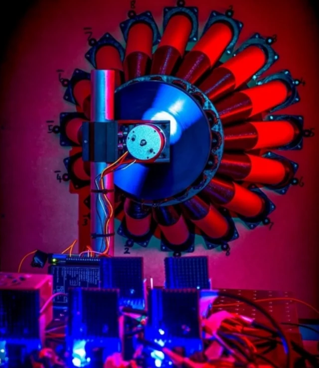 อุปกรณ์ทดลองที่ส่งคลื่นเสียงให้ตกกระทบจานหมุนความเร็วสูง คล้ายกับการหย่อนวัตถุลงหลุมดำตรงด้านนอกของขอบฟ้าเหตุการณ์