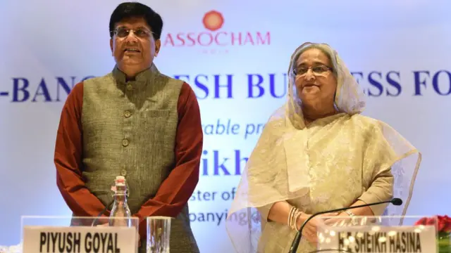 দিল্লিতে ভারতের বাণিজ্যমন্ত্রী পীযূষ গোয়েলের সঙ্গে বাংলাদেশের প্রধানমন্ত্রী শেখ হাসিনা। ৪ অক্টোবর, ২০১৯