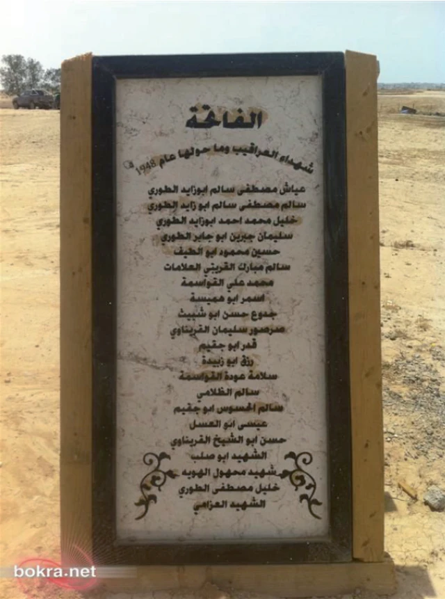 لافتة توضح أسماء من قتلوا في العراقيب عام 1948
