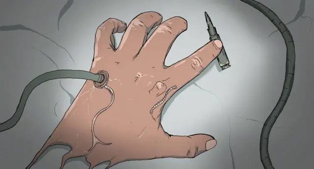 ilustracija ruke u koju je uboden špric, a pored nje je metak