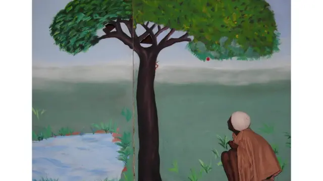 ቁዱስ ያሬድ ማይ ኪራሕ ኣብ ዝተብሃለ ከባቢ ኣብ እግሪ እላል ኣብ ዘዕረፈሉ እዋን፡ ፍረ ንምብላዕ 7 ግዘ ዝወደቐት ሓሰኻ እንትርእይ፡ ዘርእይ ጥበባዊ ስእሊ፡ ኣክሱም 2009 ዓ.ም