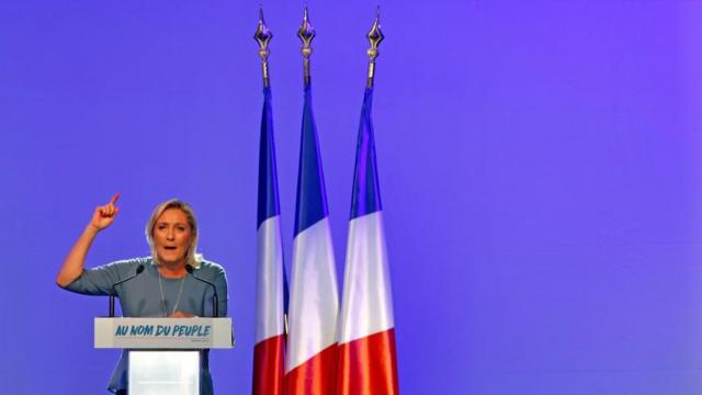 French National Front (FN) political party leader Marine Le Pen delivers a speech during a FN political rally in Frejus in 2016