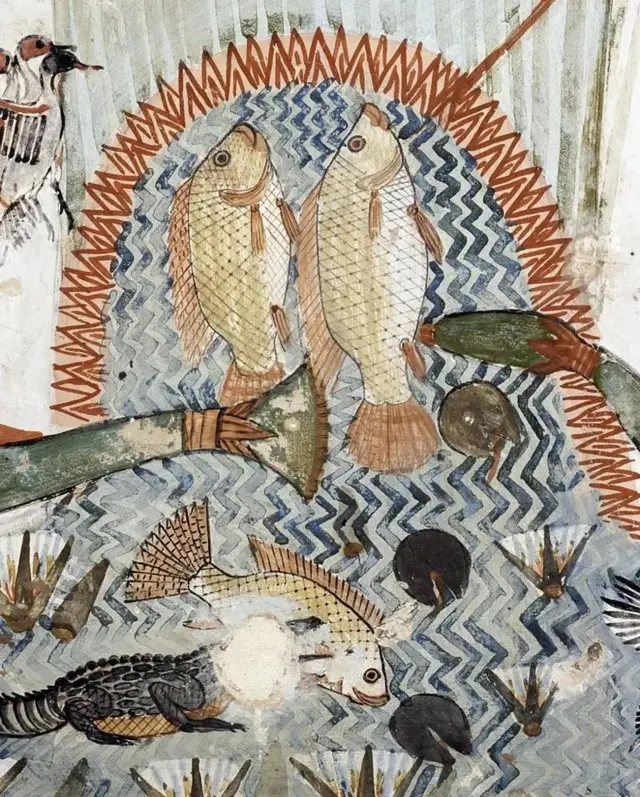 جدارية لعملية اصطياد أسماك من مقبرة "مننا" التي تعود إلى أحد النبلاء في منطقة 